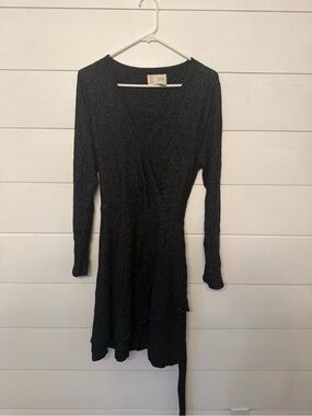 Anthropologie Black Sparkle Wrap-Style Long Sleeve Dress